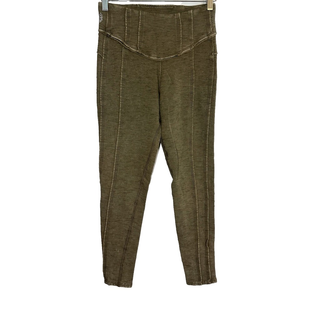 Free People Movement SMALL Exposed Seams Olive Green Hybrid Leggings FLAWED